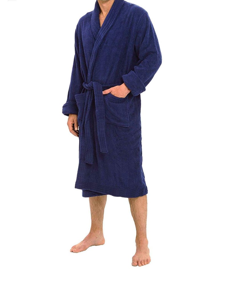 Marquess All-Cotton Bathrobe Thick Plush Cloth Housecoat Terry Toweling, Sweat Steaming Clothes Comfortable & Warm (Navy Blue) - Image 3